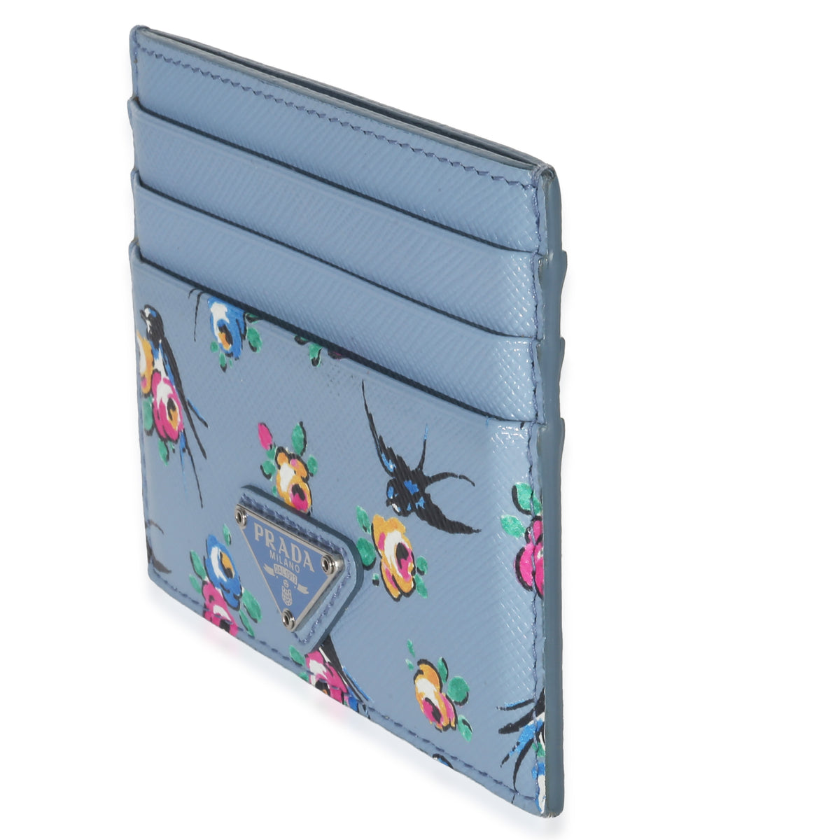Prada Light Blue Astral Swallow Saffiano Card Holder Wallet sv