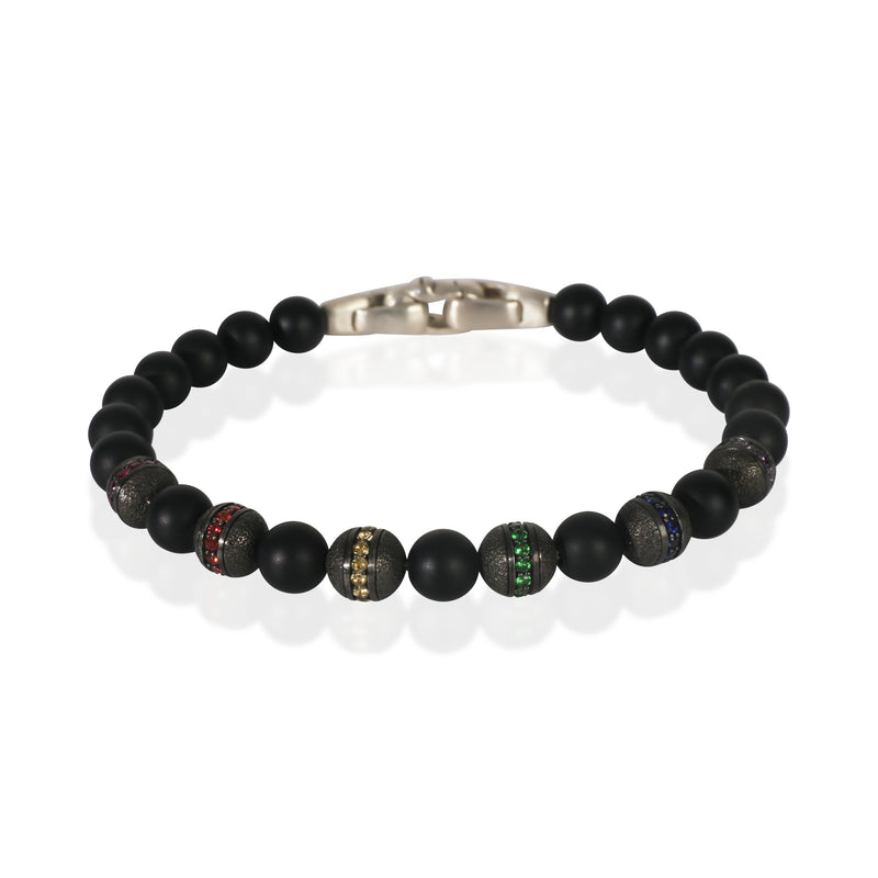 David Yurman Sterling Silver Onyx Rainbow Spiritual Bead Bracelet fv