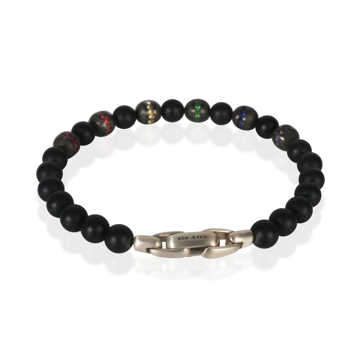 David Yurman Sterling Silver Onyx Rainbow Spiritual Bead Bracelet pv