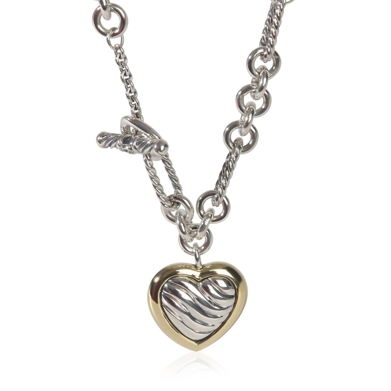 David Yurman Yellow Gold & Sterling Silver  Figaro Link With Heart Charm Necklac fv