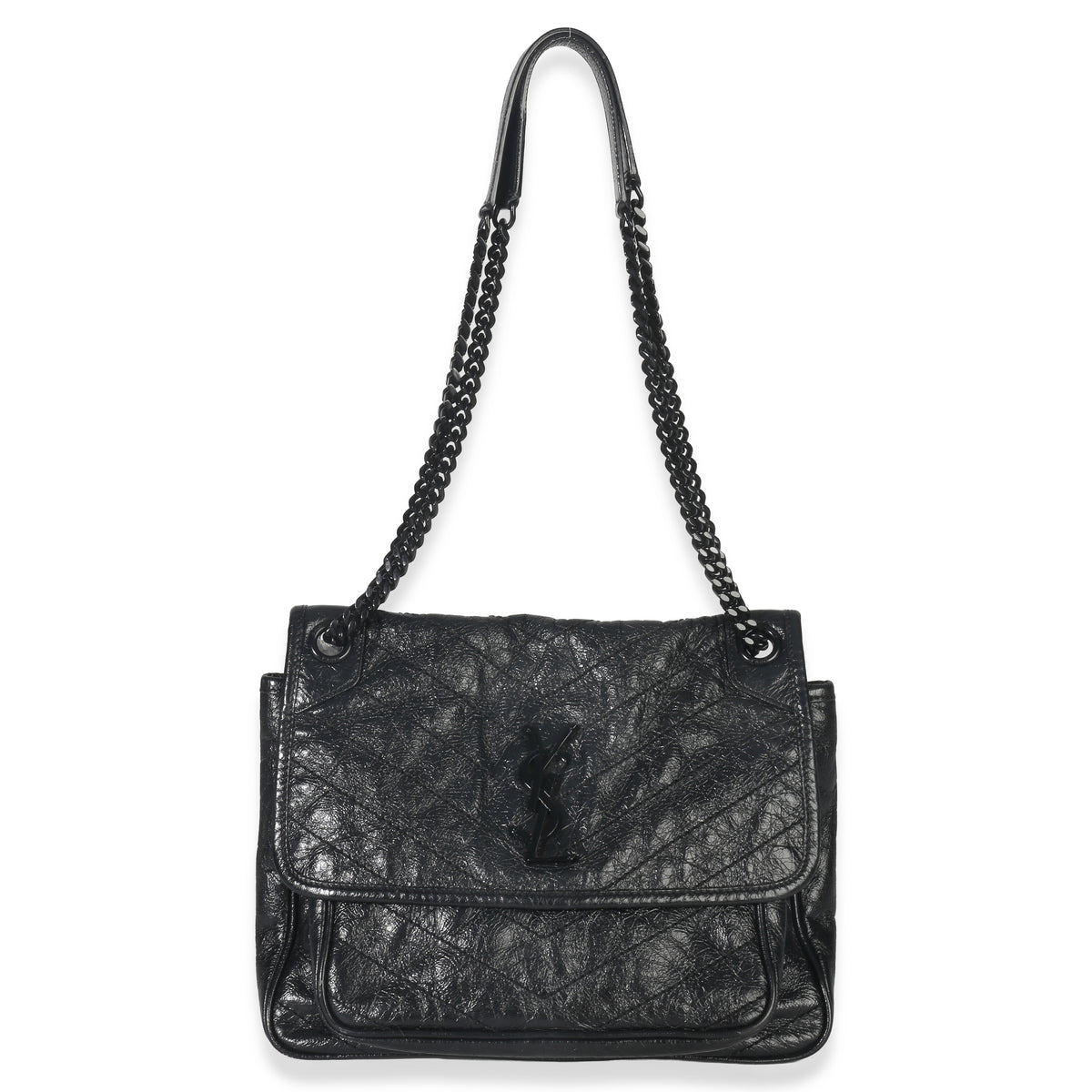 Saint Laurent Black Crinkled Calfskin Matelasse Medium Niki Chain Satchel Handbag av