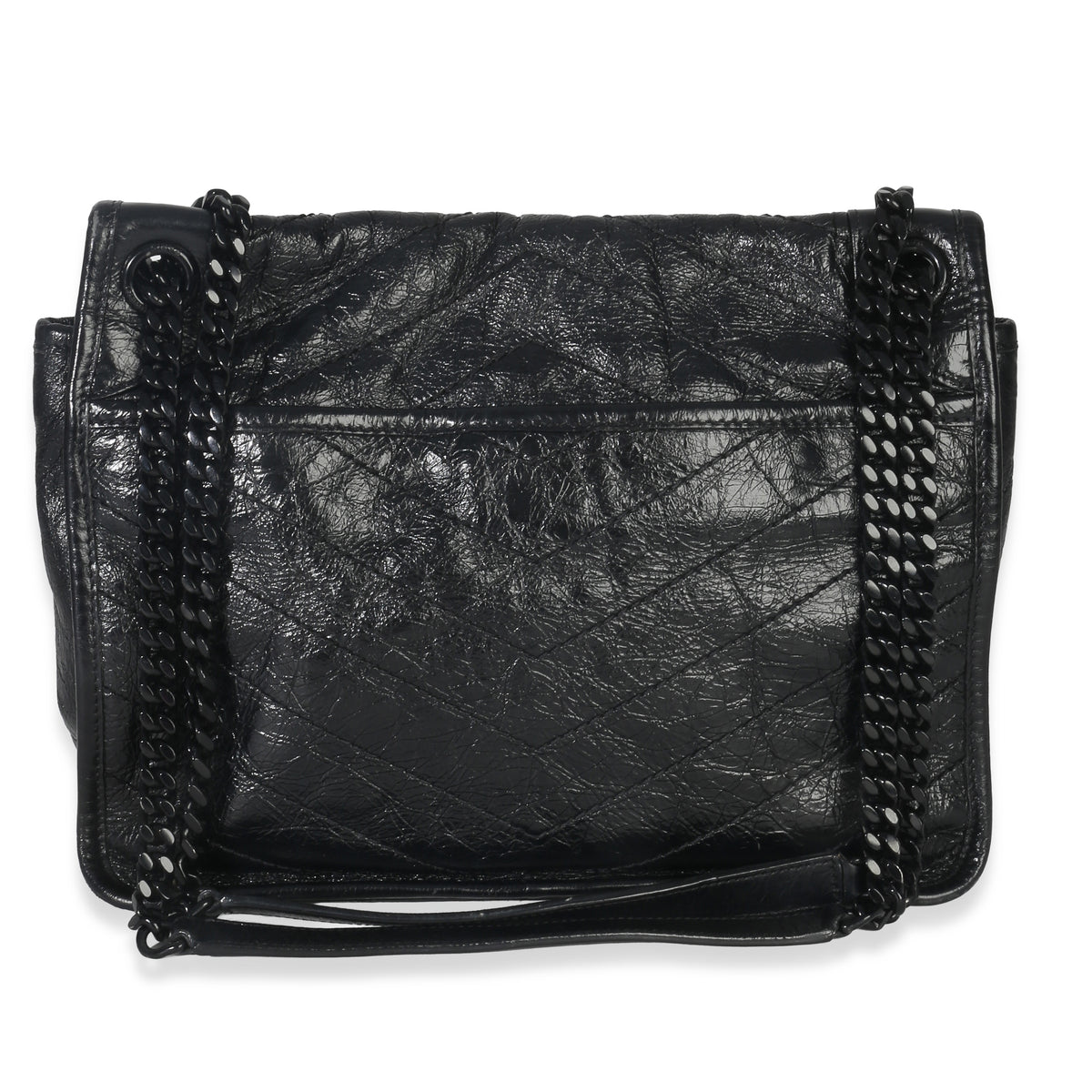 Saint Laurent Black Crinkled Calfskin Matelasse Medium Niki Chain Satchel Handbag bv