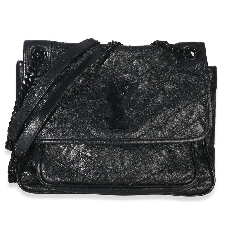 Saint Laurent Black Crinkled Calfskin Matelasse Medium Niki Chain Satchel Handbag fv