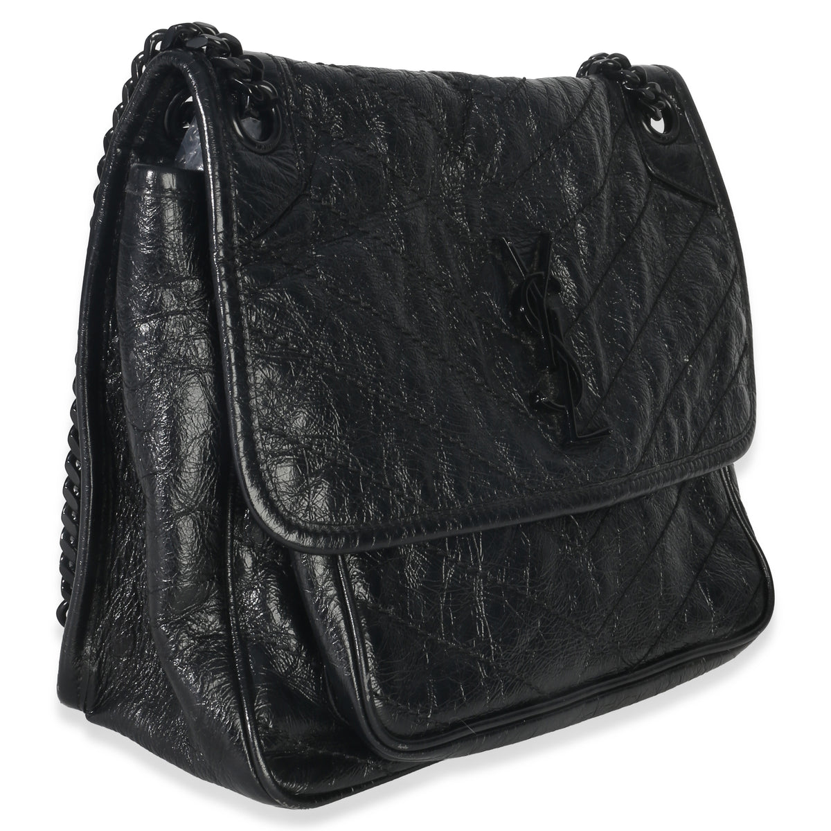 Saint Laurent Black Crinkled Calfskin Matelasse Medium Niki Chain Satchel Handbag pv