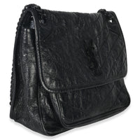Saint Laurent Black Crinkled Calfskin Matelasse Medium Niki Chain Satchel Handbag pv