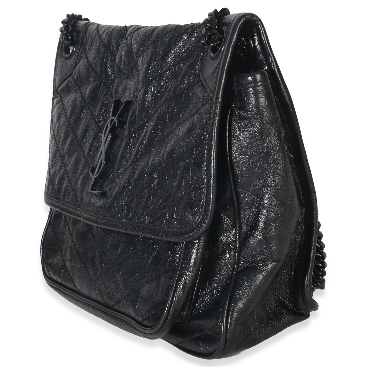 Saint Laurent Black Crinkled Calfskin Matelasse Medium Niki Chain Satchel Handbag sv