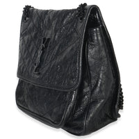 Saint Laurent Black Crinkled Calfskin Matelasse Medium Niki Chain Satchel Handbag sv