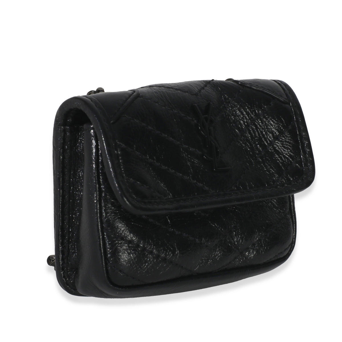 Saint Laurent Black Crinkled Calfskin Matelasse Micro Niki Airpods Case Handbag pv