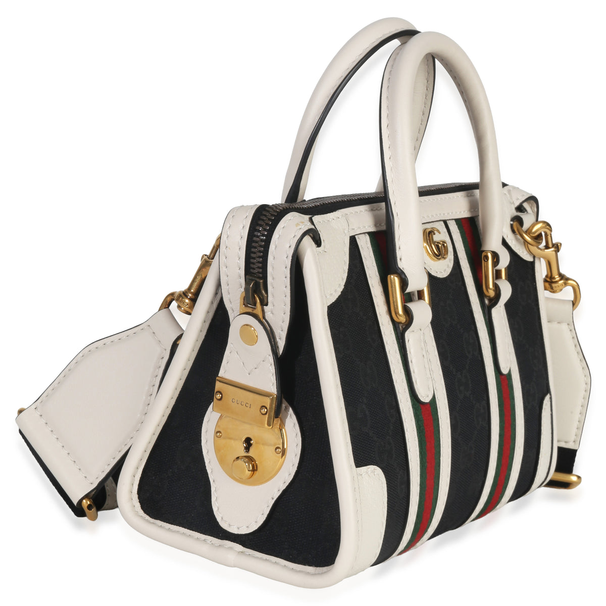 Gucci Black White Canvas Mini Double G Top Handle Bag Handbag pv