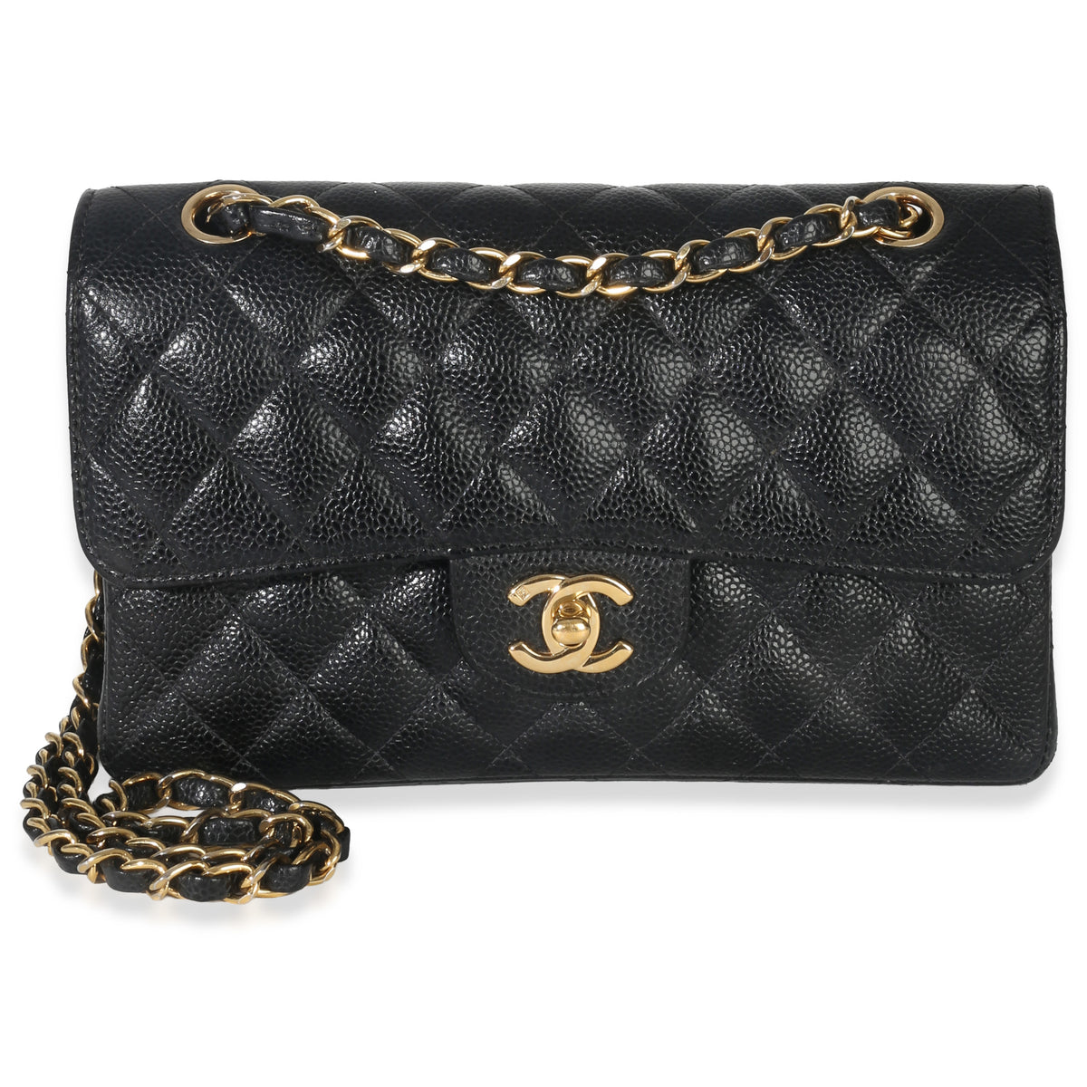 Chanel Vintage 24k Black Quilted Caviar Small Classic Double Flap Bag Handbag fv