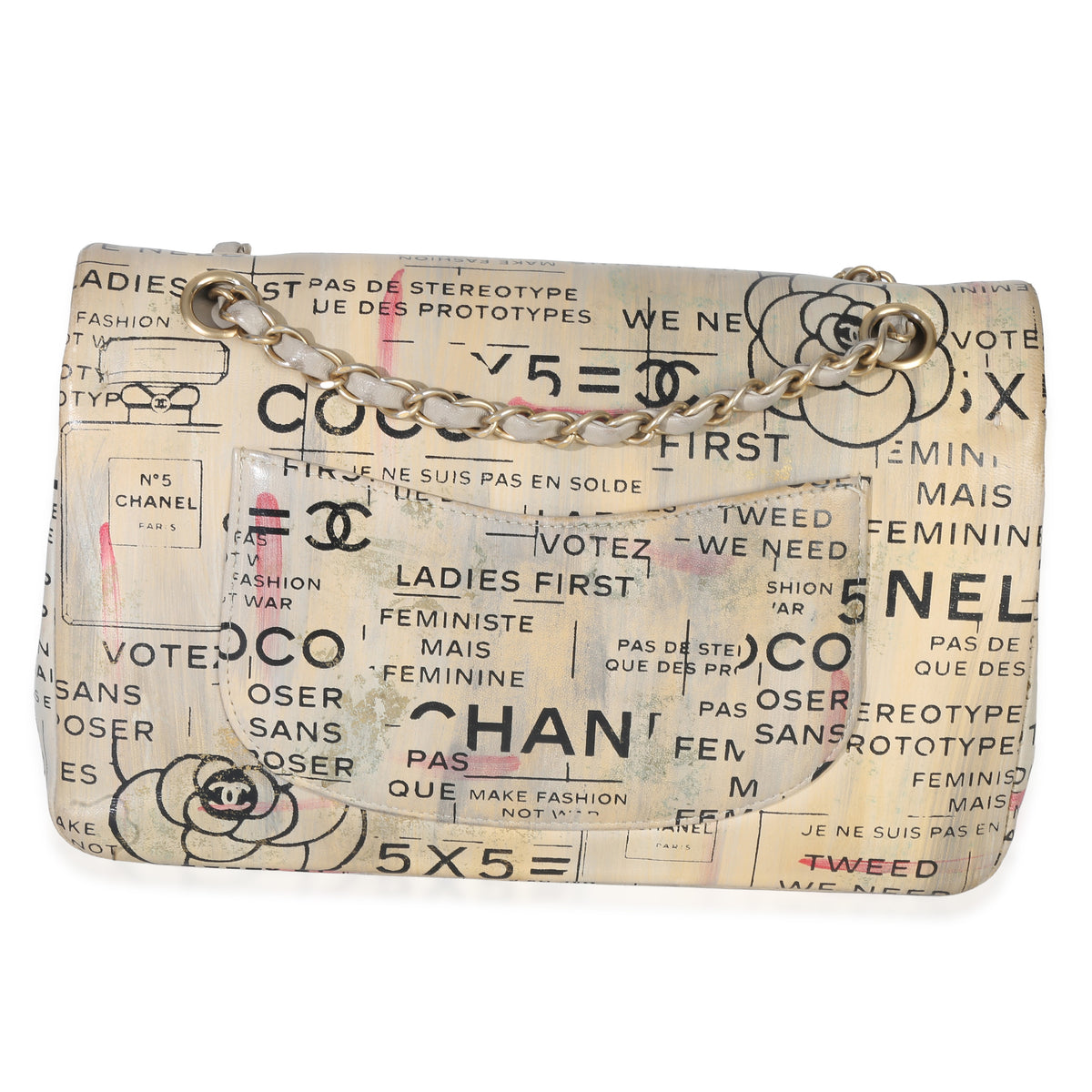 Chanel Multicolor Newspaper Print Lambskin Medium Double Flap Bag Handbag bv
