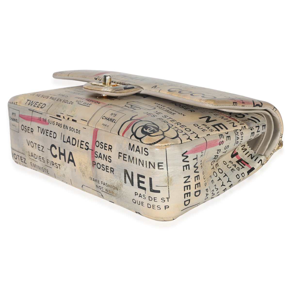 Chanel Multicolor Newspaper Print Lambskin Medium Double Flap Bag Handbag clasp
