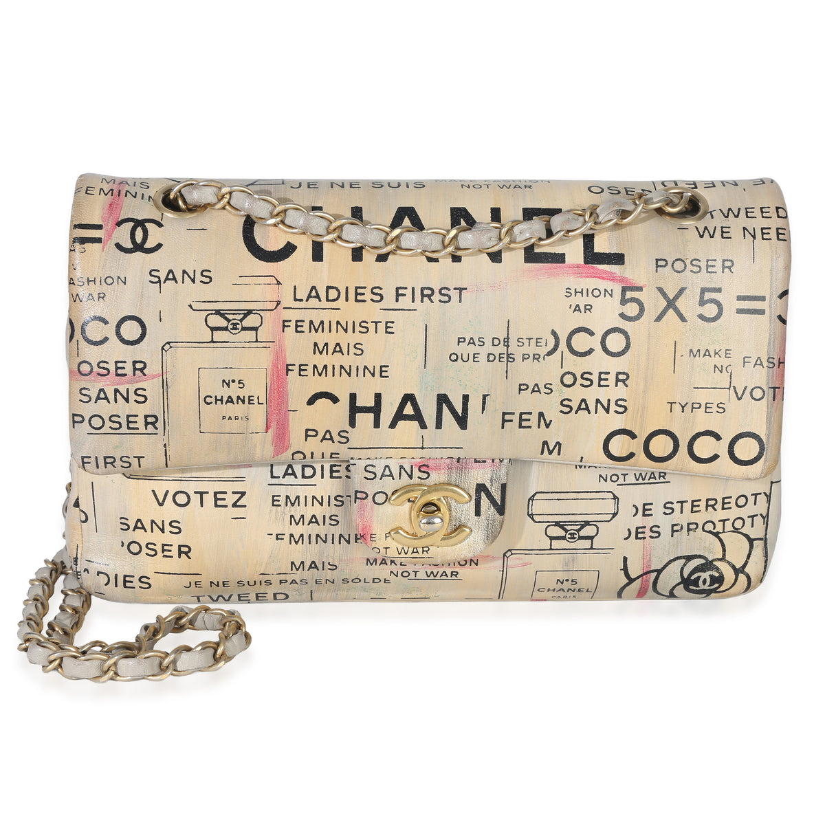 Chanel Multicolor Newspaper Print Lambskin Medium Double Flap Bag Handbag fv
