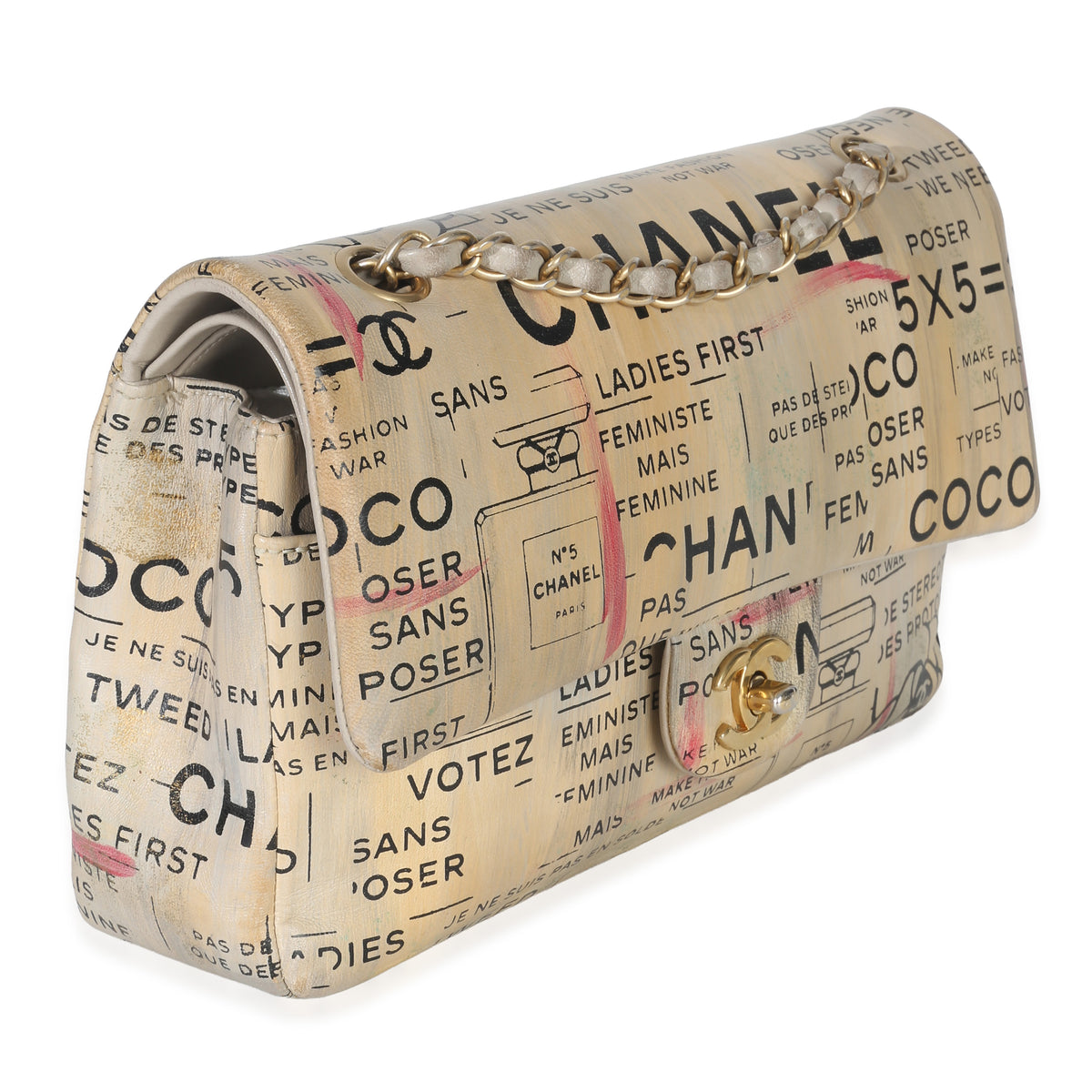 Chanel Multicolor Newspaper Print Lambskin Medium Double Flap Bag Handbag pv