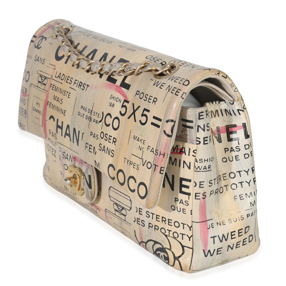 Chanel Multicolor Newspaper Print Lambskin Medium Double Flap Bag Handbag sv