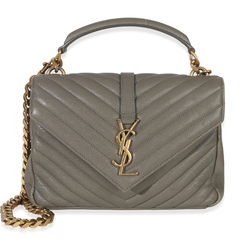 Saint Laurent Taupe Sheepskin Matelasse Chevron Monogram Medium College Bag Handbag fv