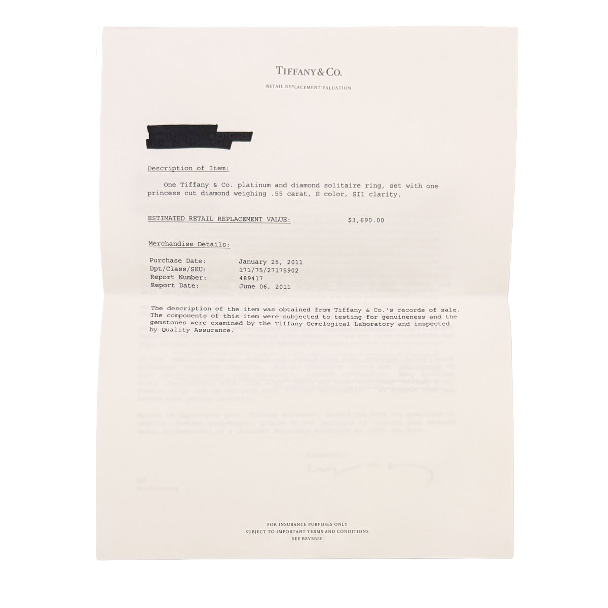 Tiffany & Co. 0.55 ct Princess Diamond Engagement Ring stamp