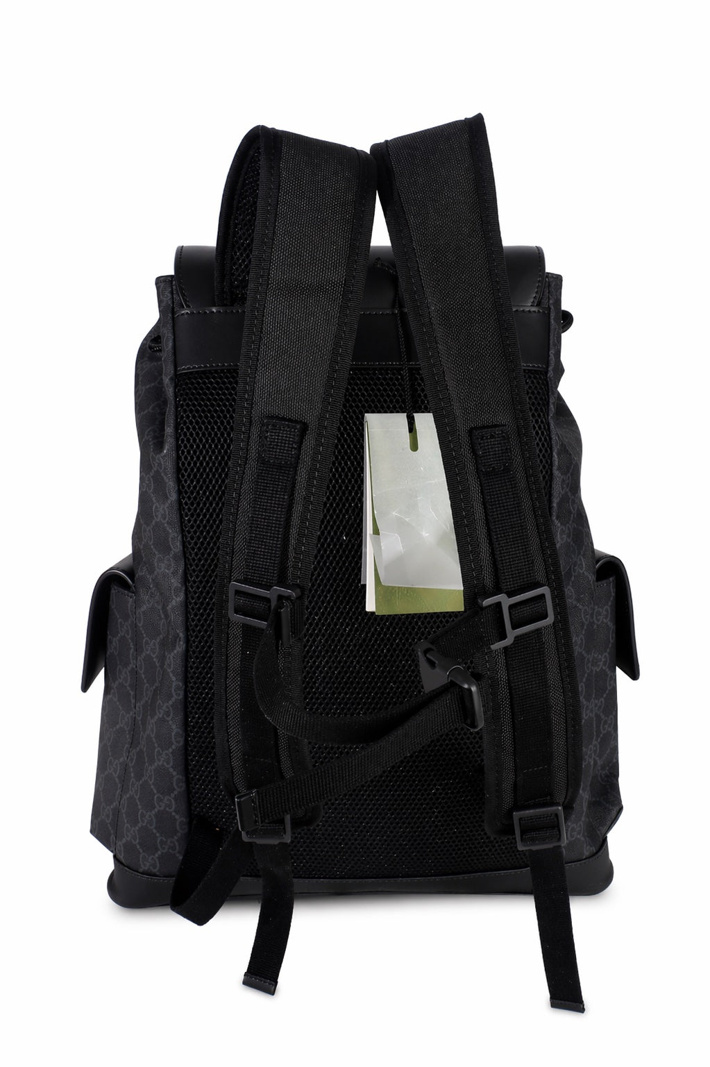 Gucci Black Soft GG Supreme Calfskin Web Double Buckle Backpack Handbag ad3