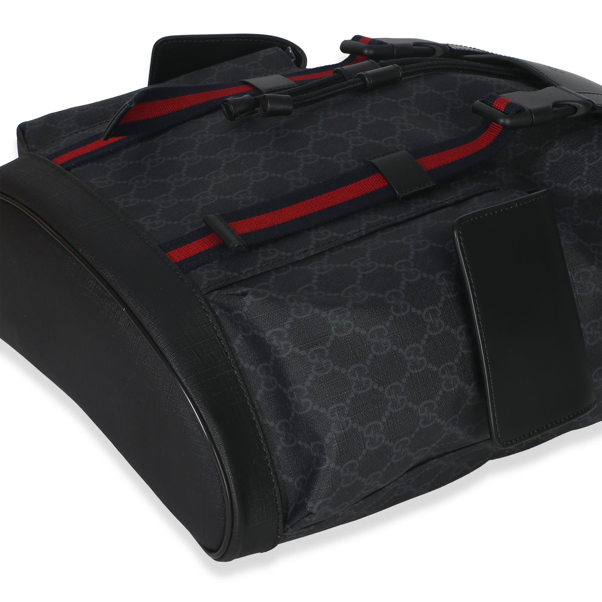 Gucci Black Soft GG Supreme Calfskin Web Double Buckle Backpack Handbag box