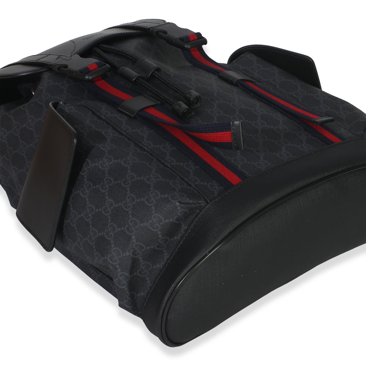 Gucci Black Soft GG Supreme Calfskin Web Double Buckle Backpack Handbag clasp