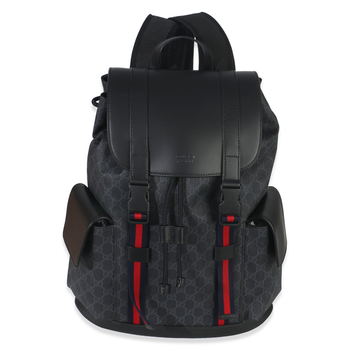 Gucci Black Soft GG Supreme Calfskin Web Double Buckle Backpack Handbag fv