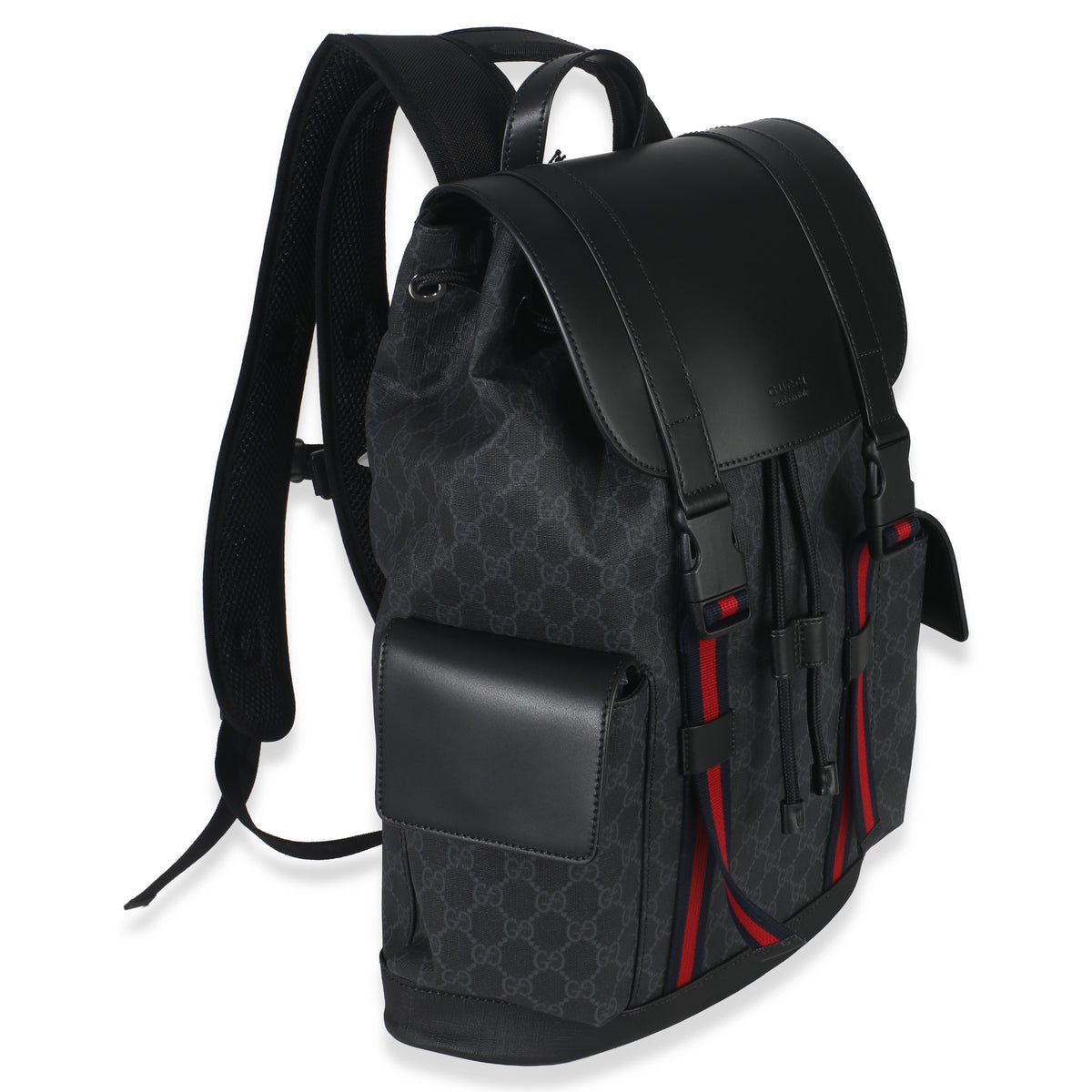 Gucci Black Soft GG Supreme Calfskin Web Double Buckle Backpack Handbag pv