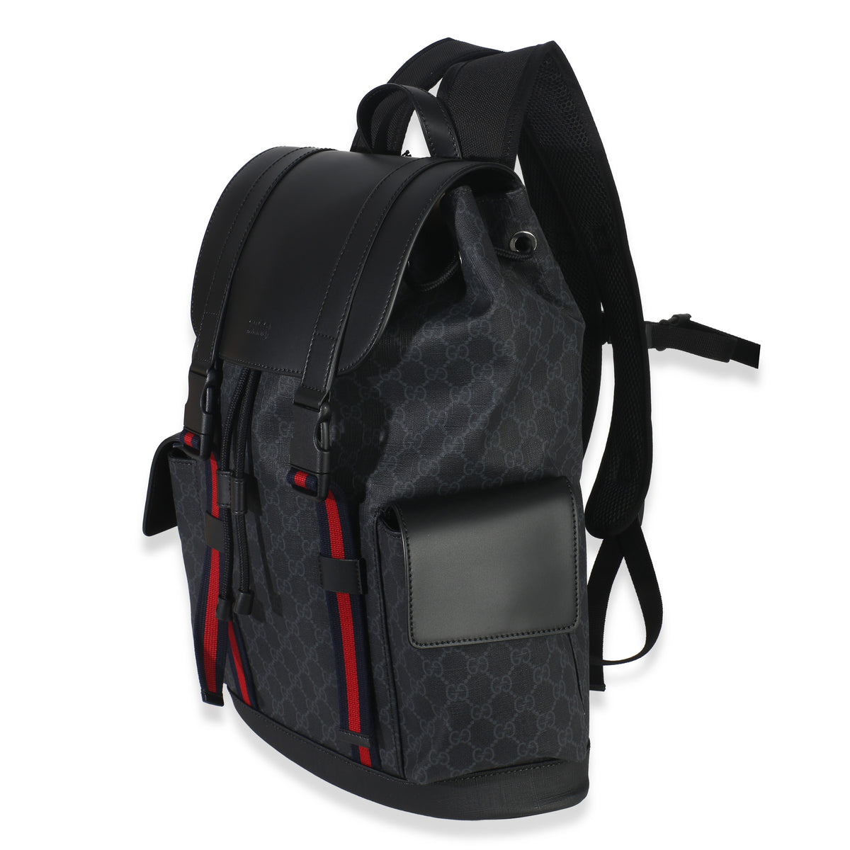 Gucci Black Soft GG Supreme Calfskin Web Double Buckle Backpack Handbag sv