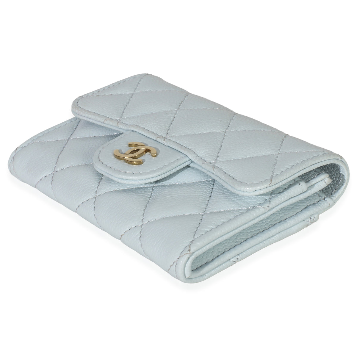 Chanel Light Blue Quilted Caviar Flap Card Holder Handbag Wallet box