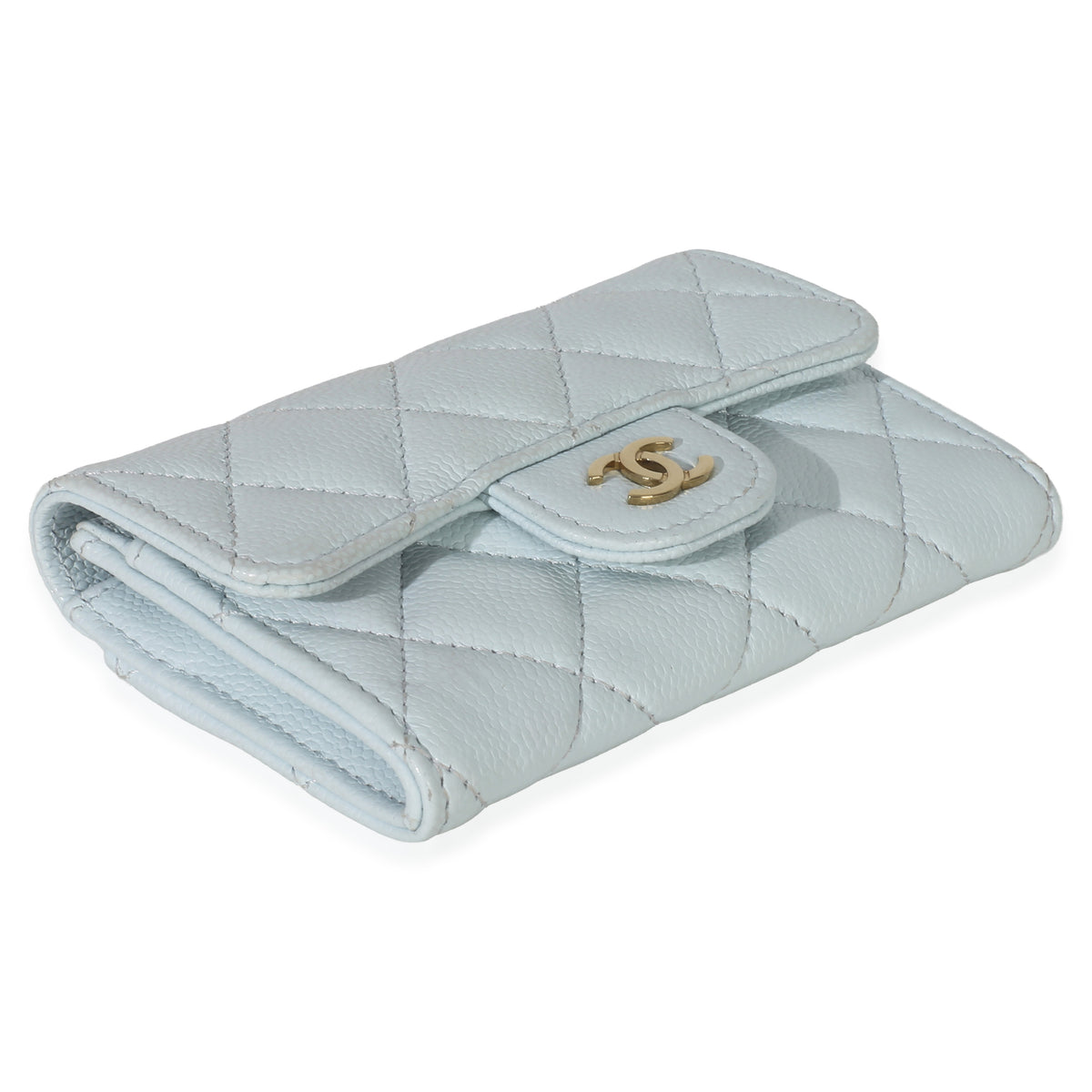 Chanel Light Blue Quilted Caviar Flap Card Holder Handbag Wallet clasp