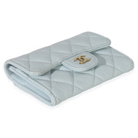 Chanel Light Blue Quilted Caviar Flap Card Holder Handbag Wallet clasp