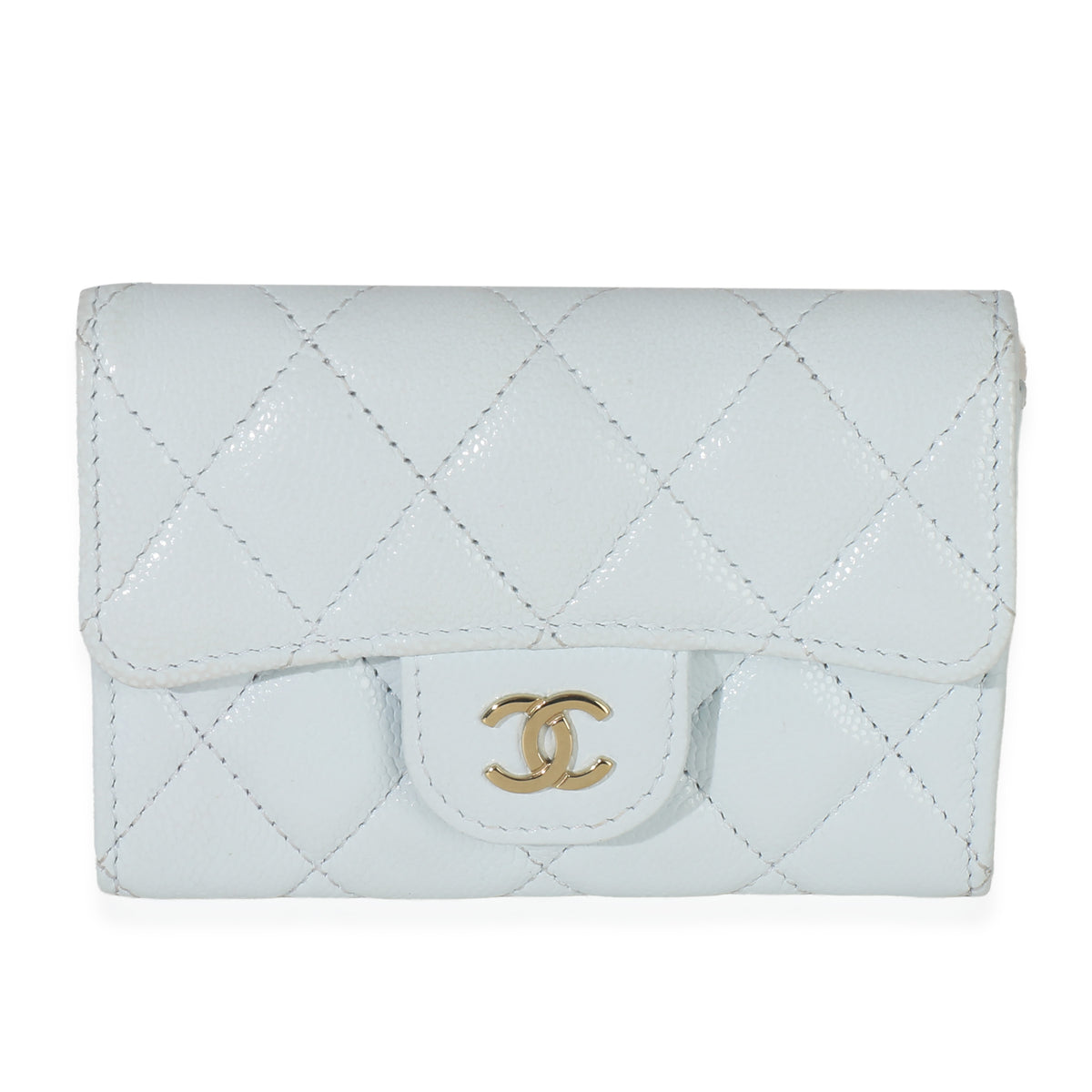 Chanel Light Blue Quilted Caviar Flap Card Holder Handbag Wallet fv