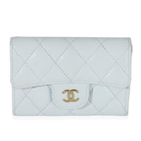 Chanel Light Blue Quilted Caviar Flap Card Holder Handbag Wallet fv