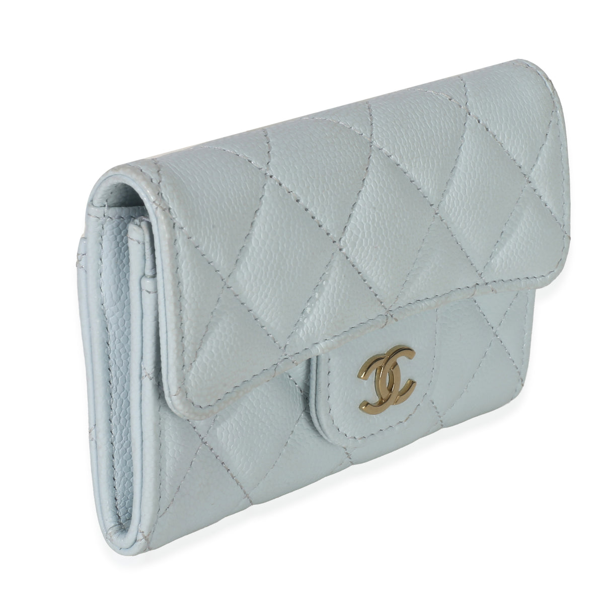 Chanel Light Blue Quilted Caviar Flap Card Holder Handbag Wallet pv