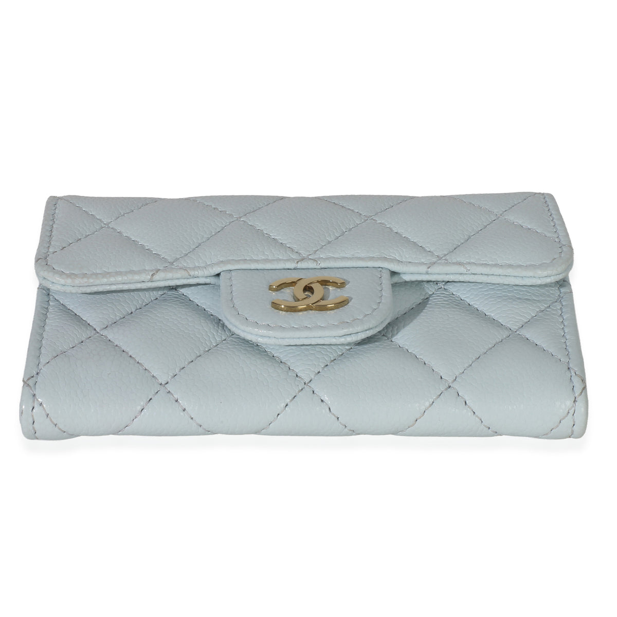 Chanel Light Blue Quilted Caviar Flap Card Holder Handbag Wallet stamp