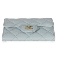 Chanel Light Blue Quilted Caviar Flap Card Holder Handbag Wallet stamp