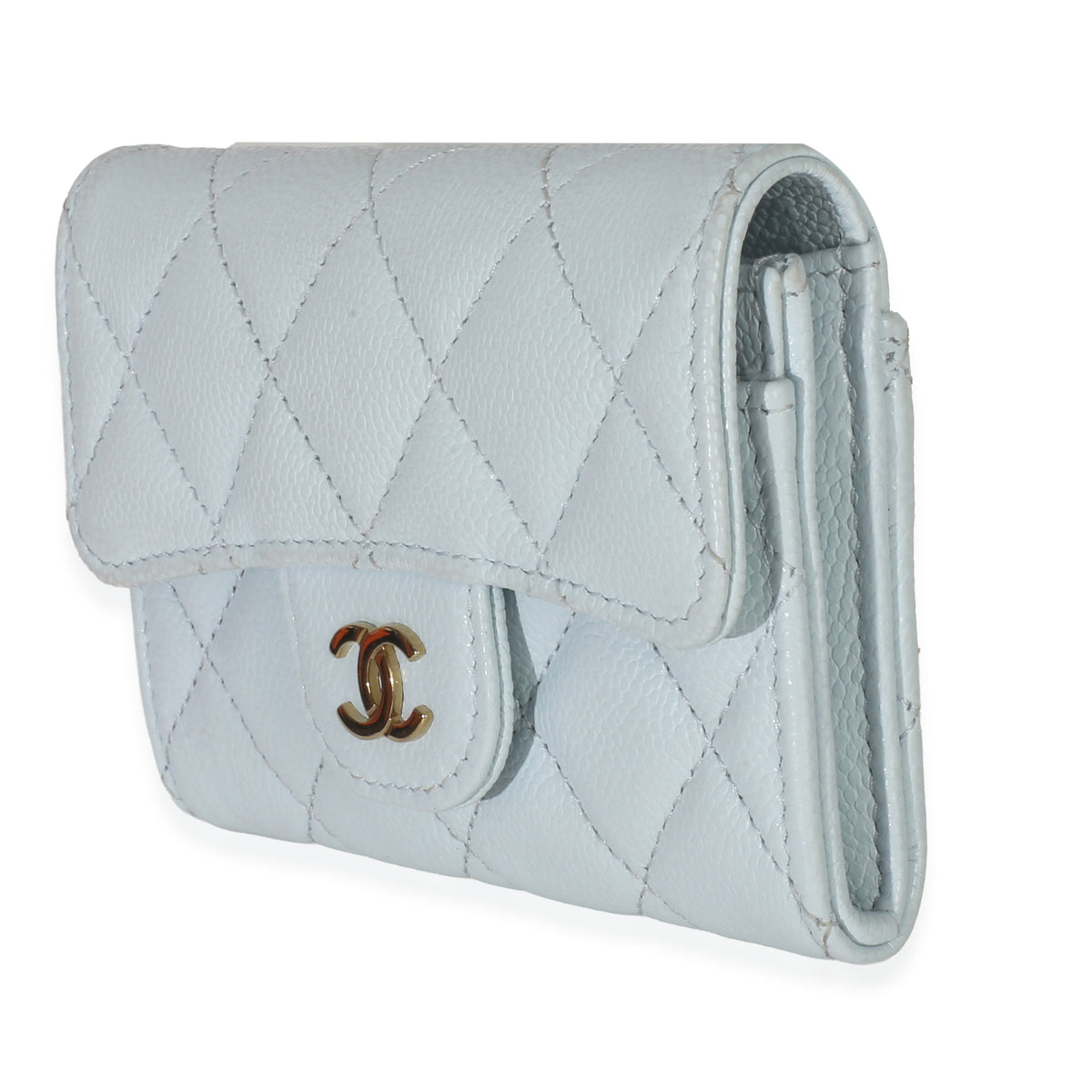 Chanel Light Blue Quilted Caviar Flap Card Holder Handbag Wallet sv
