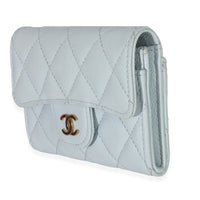 Chanel Light Blue Quilted Caviar Flap Card Holder Handbag Wallet sv