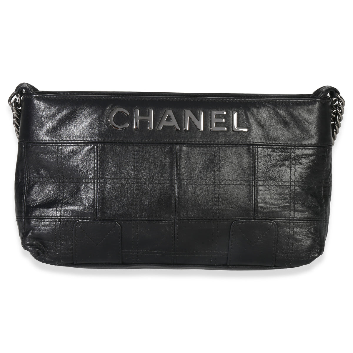 Chanel Black Quilted Square Lambskin LAX Pochette Handbag stamp
