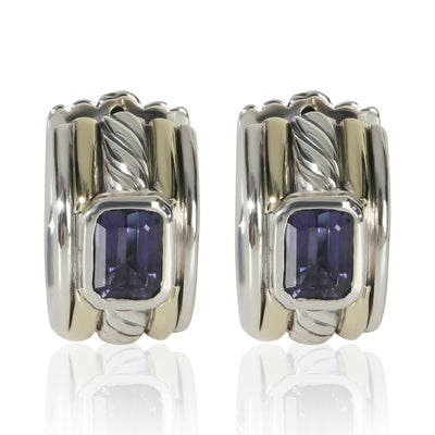 David Yurman Yellow Gold & Sterling Silver Iolite Cable Huggie Earrings fv