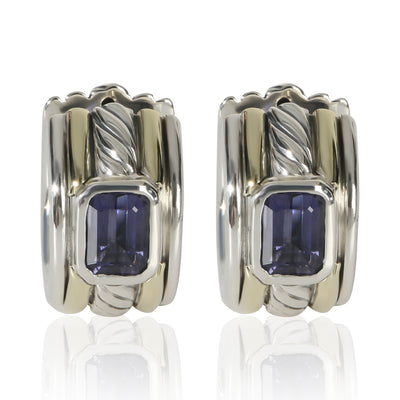 David Yurman Yellow Gold & Sterling Silver Iolite Cable Huggie Earrings fv