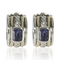 David Yurman Yellow Gold & Sterling Silver Iolite Cable Huggie Earrings fv