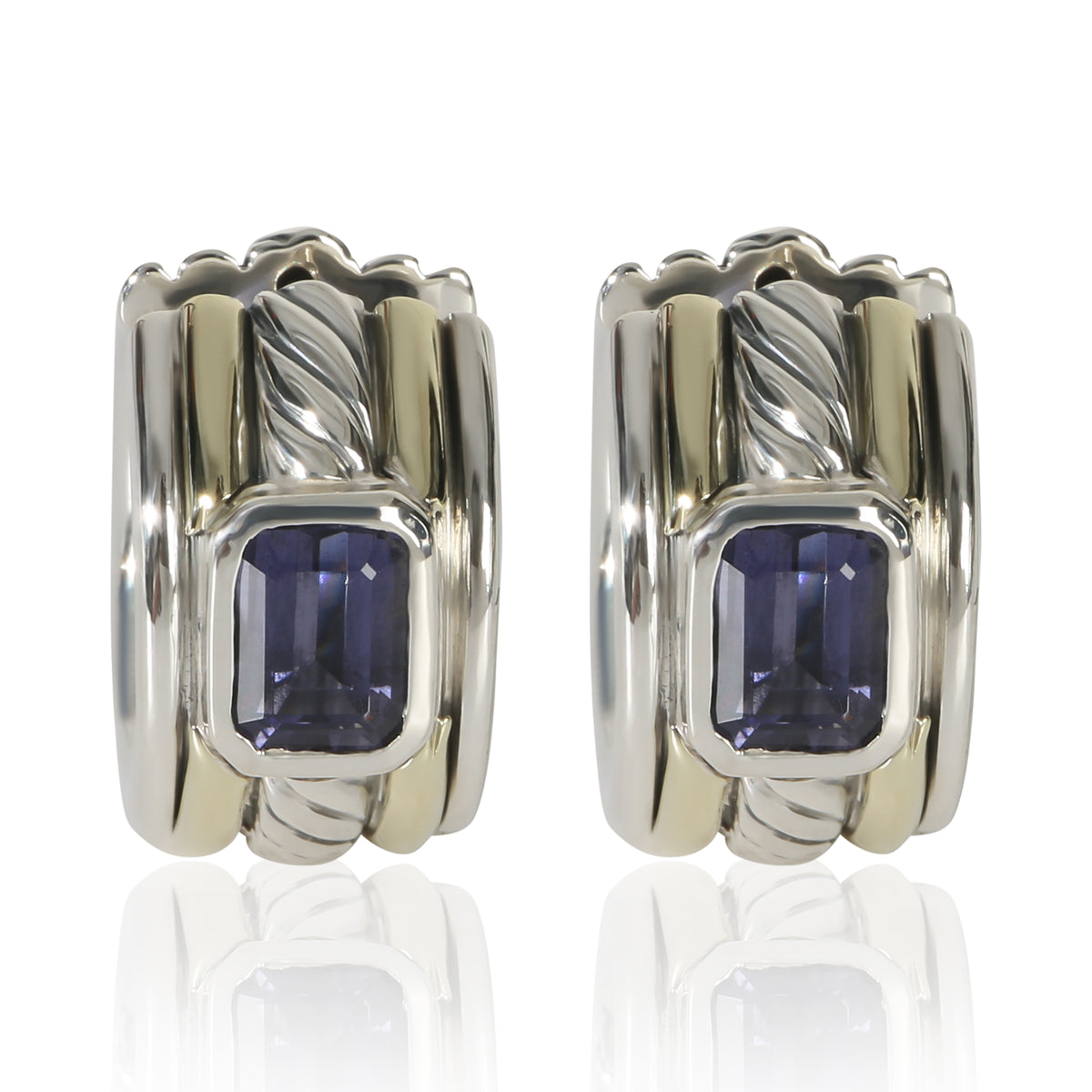 David Yurman Yellow Gold & Sterling Silver Iolite Cable Huggie Earrings fv