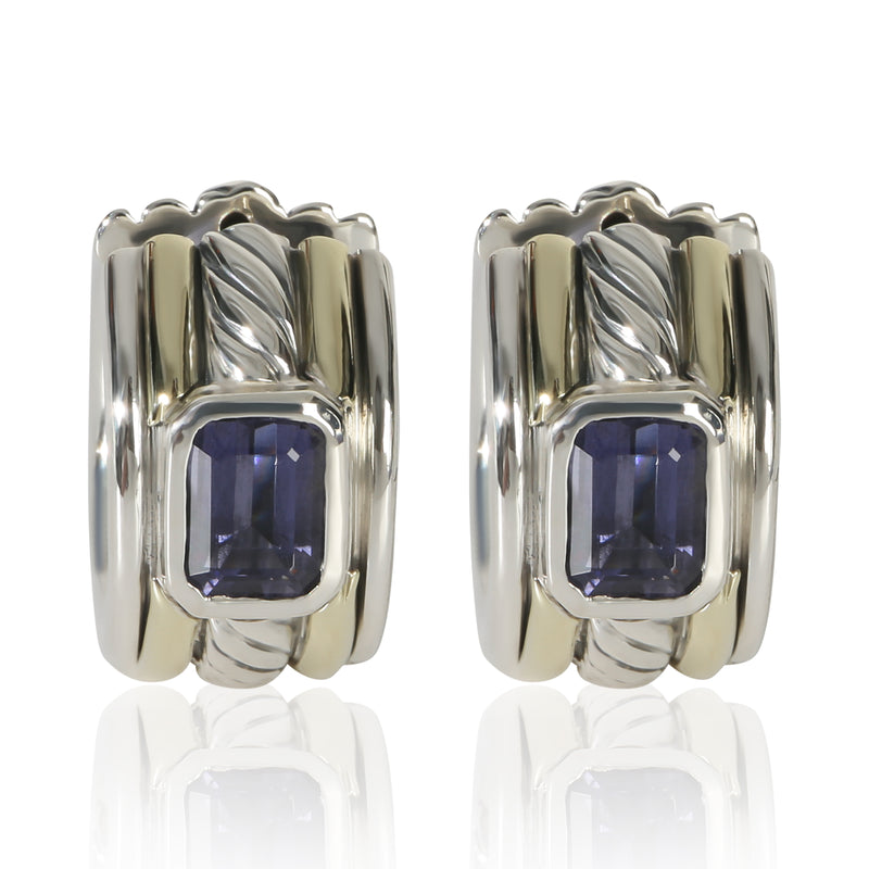 David Yurman Yellow Gold & Sterling Silver Iolite Cable Huggie Earrings fv