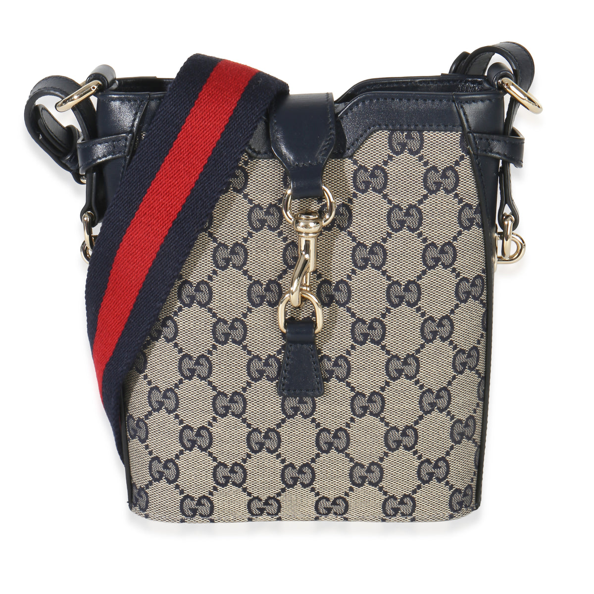 Gucci Navy Beige GG Supreme Monogram Mini Bucket Bag Handbag fv
