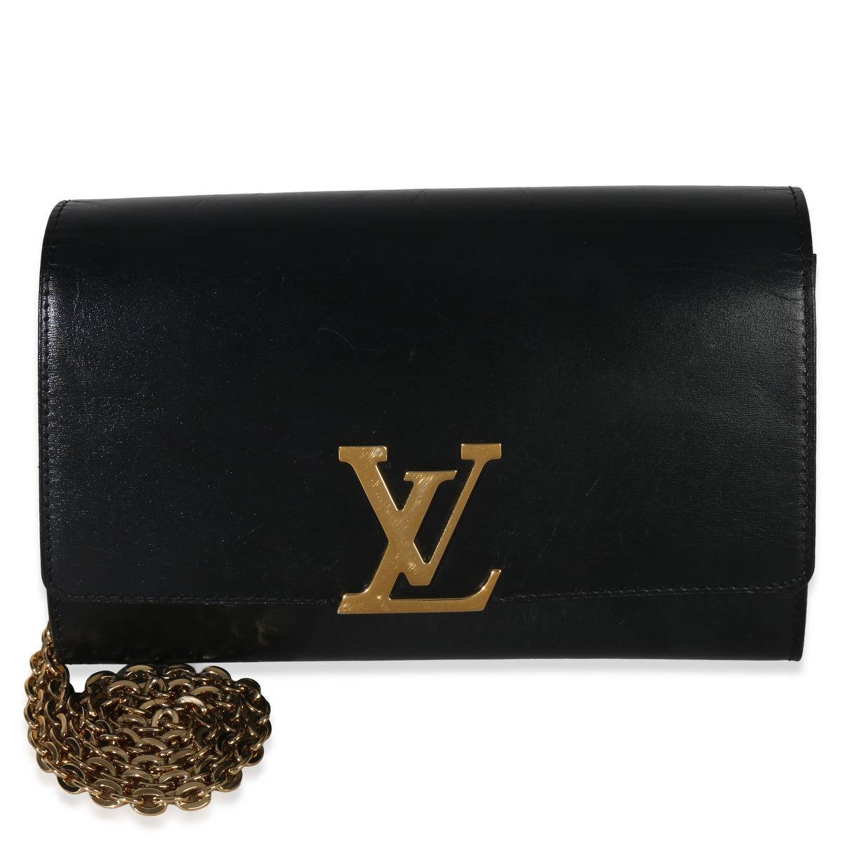 Louis Vuitton Black Calfskin Leather Chain Louise Clutch MM Handbag fv
