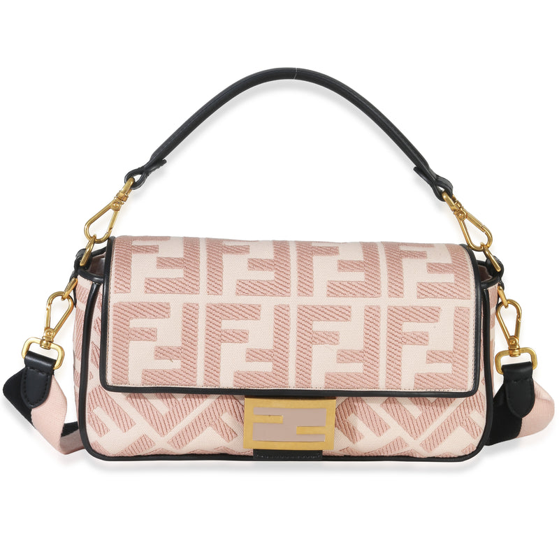 Fendi Pink Black FF Embroidery Canvas Medium Baguette Handbag id