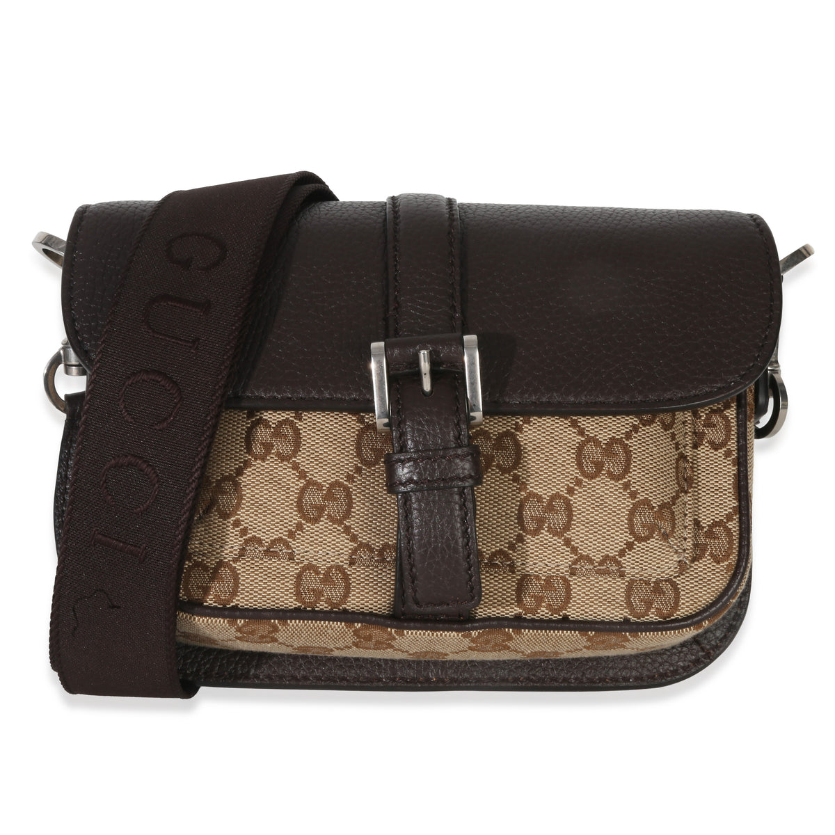 Gucci Beige Ebony GG Monogram Canvas Mini Buckle Crossbody Bag Handbag fv