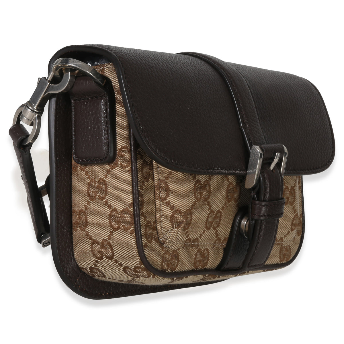 Gucci Beige Ebony GG Monogram Canvas Mini Buckle Crossbody Bag Handbag pv