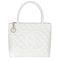 Chanel Vintage White Quilted Caviar Medallion Tote Handbag id