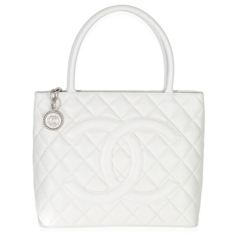 Chanel Vintage White Quilted Caviar Medallion Tote Handbag id